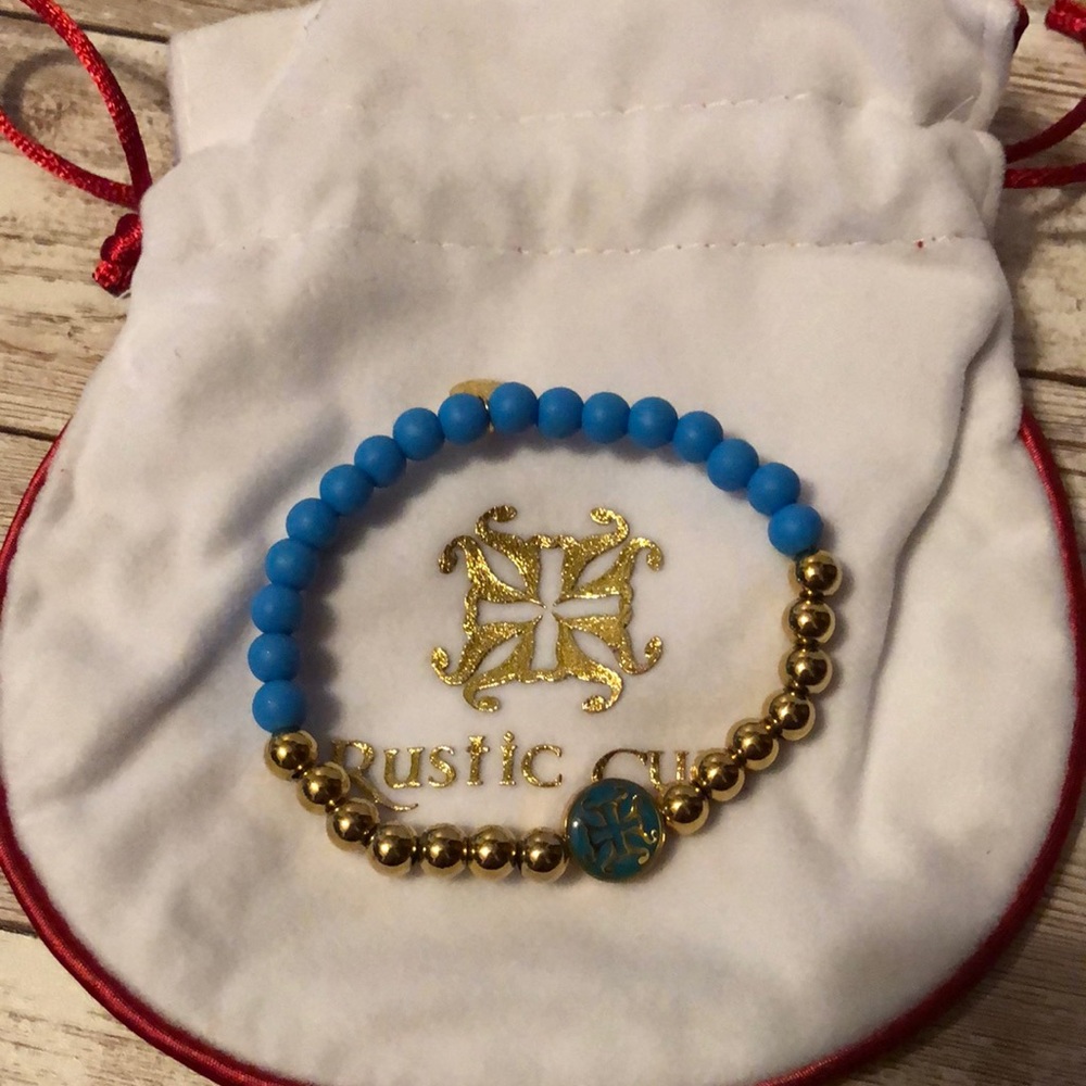 Blue and gold Rustic Cuff stretch bracelet.